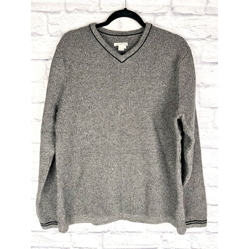 CARBON 2 COBALT Men's Gray Black V-Neck Cotton Heavy Knit Sweater Large